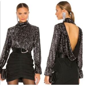 Free People Open Back Black Sequin Mockneck Lined Shirt Top Bell Sleeve XS NWT